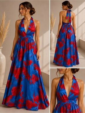 Halter A-Line Maxi Dress in Blue & Red